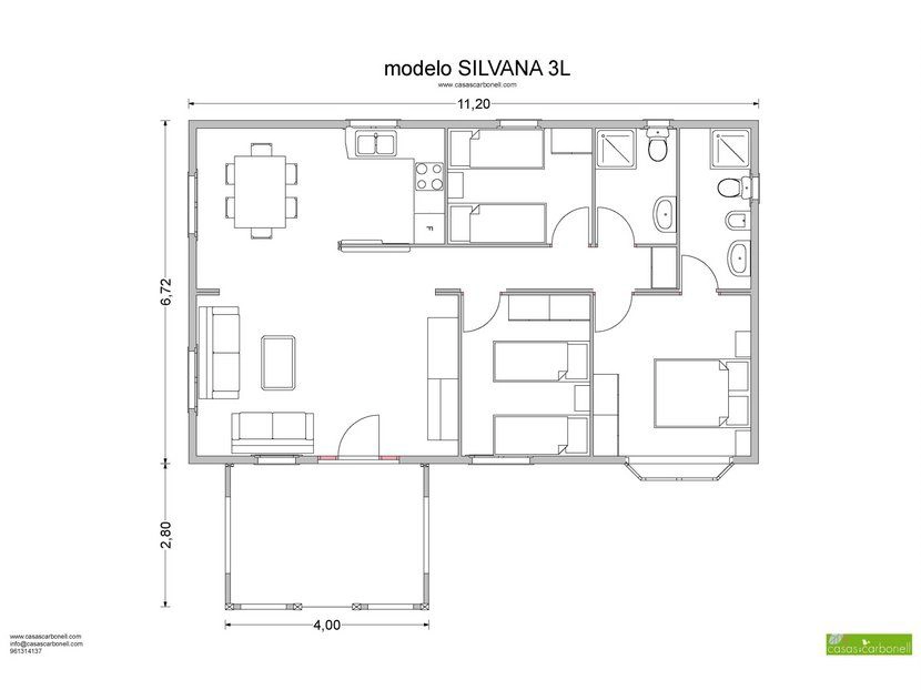 Plano de planta de casa prefabricada de madera Silvana 3L de Casas Carbonell